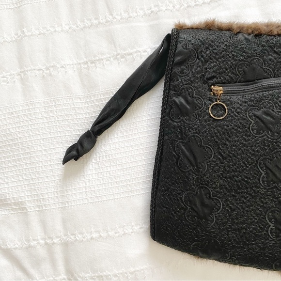 VINTAGE HAND CRAFTED BROWN FUR BLACK EMBROIDERED MUFF HAND WARMER POUCH - OS - Picture 3 of 9